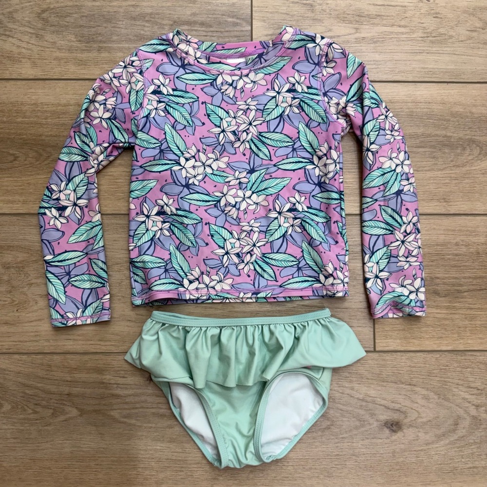 RuffleButts Girls Size 5 Floral‎ Rash Guard and Ruffle Bikini Bottom Swim Set